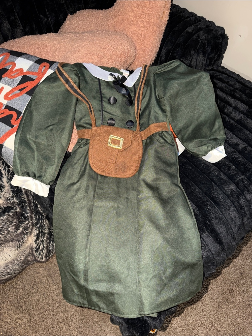 Olive Green Girls' Classic Dress Costume with Brown Pouch